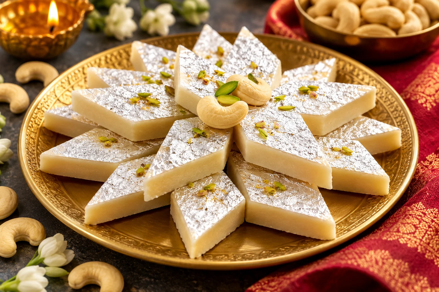 Homemade Kaju Katli Barfi decorated with edible silver leaf and cashews on a golden plate