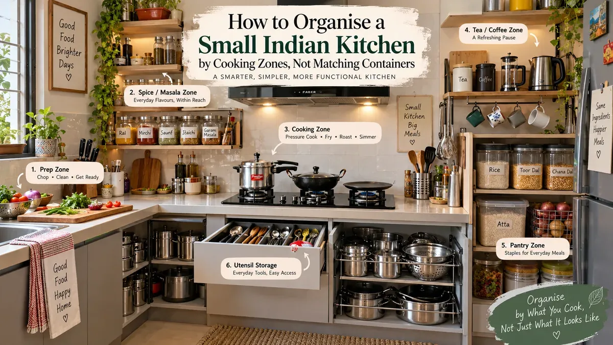 How to Organise a Small Indian Kitchen by Cooking Zones, Not Matching Containers